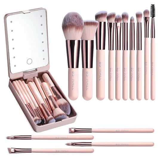 Travel Makeup Brush Set Foundation Powder Concealers Eye Shadows Makeup Set with LED Light Mirror 14 Pcs Mini Makeup Brushes (APINK)