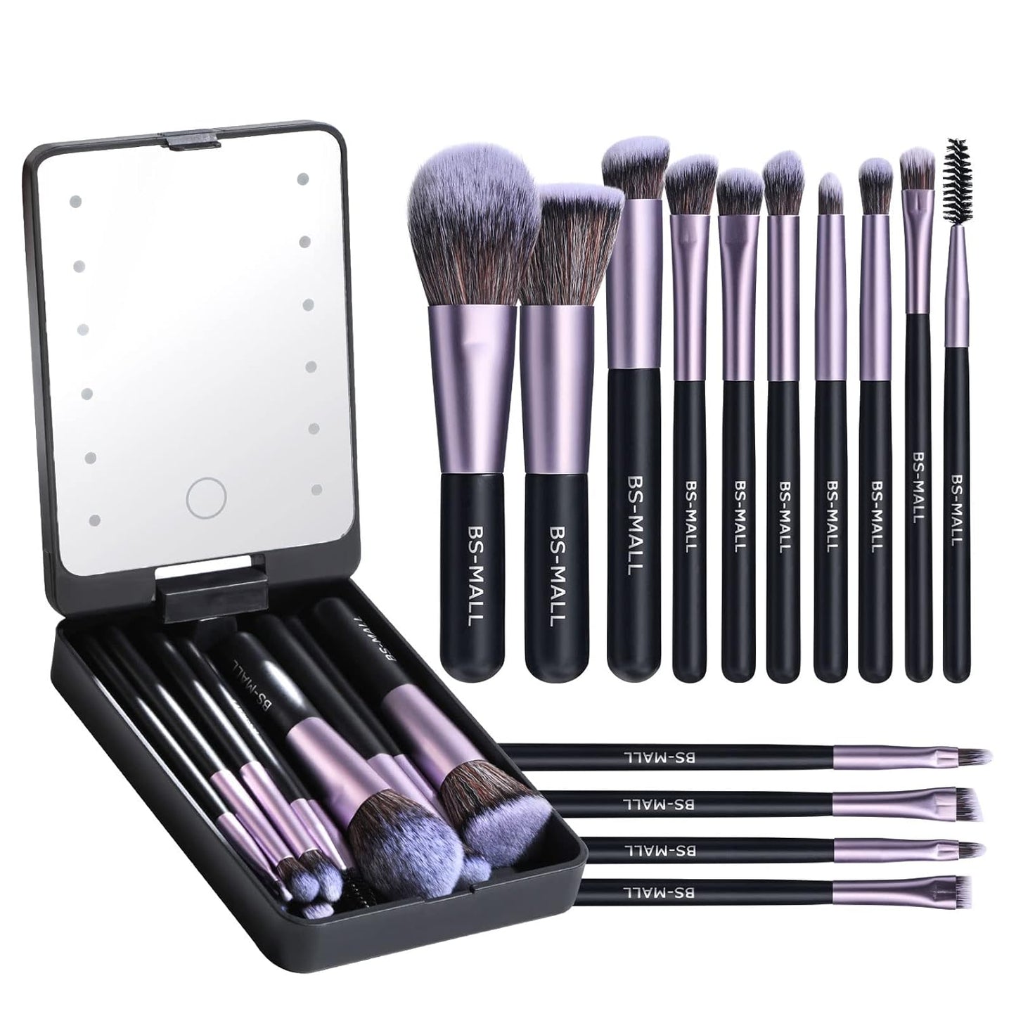Travel Makeup Brush Set Foundation Powder Concealers Eye Shadows Makeup Set with LED Light Mirror 14 Pcs Mini Makeup Brushes (APINK)
